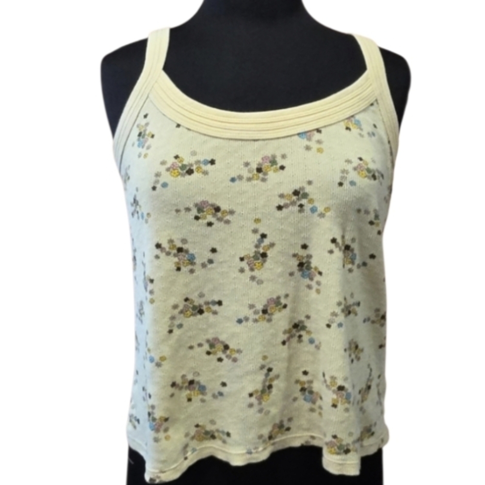 Vintage Route 66 Large Yellow Tank Ditsy Floral 2000s Boho Sleeveless Crop Top